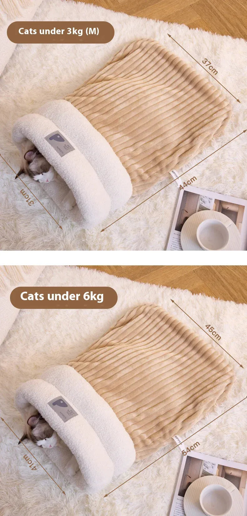 Self-Warming Cat Cave Bed with Tunnel - Plush Winter Hideaway & Sleeping Bag