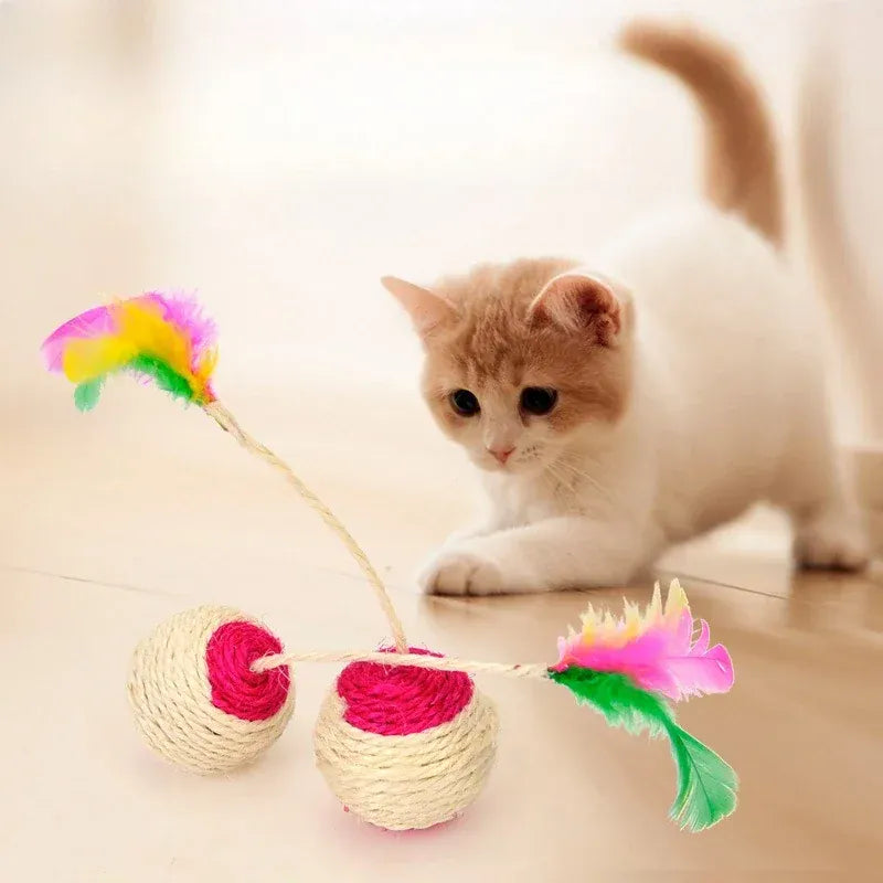 Sisal Feather Cat Ball Toy – Rotatable Chew & Scratch Toy with Hanging Rope