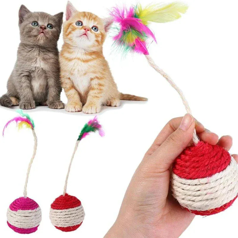 Sisal Feather Cat Ball Toy – Rotatable Chew & Scratch Toy with Hanging Rope