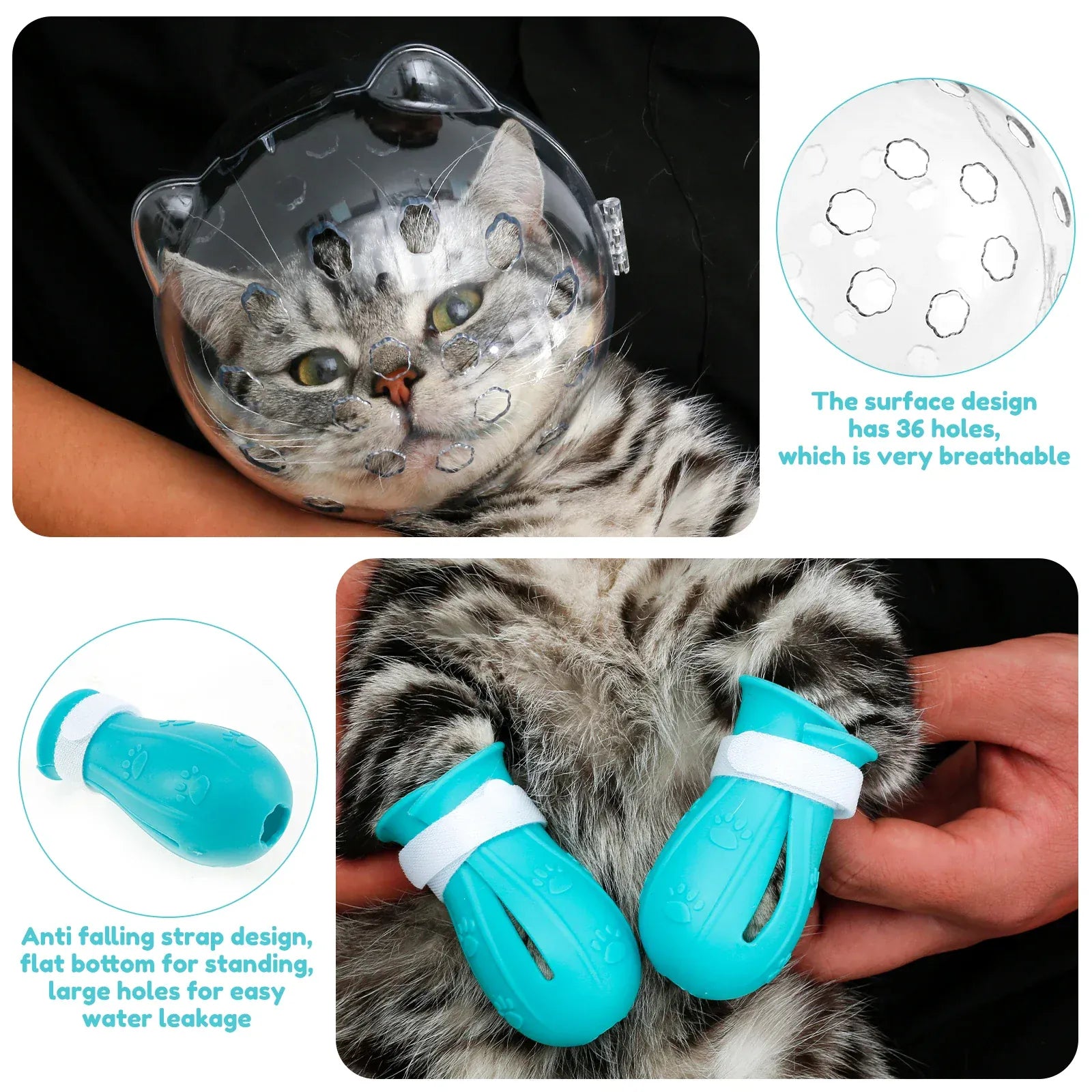 Space Hood Cat Muzzle & Boots Set - Transparent Anti-Bite Grooming Helmet