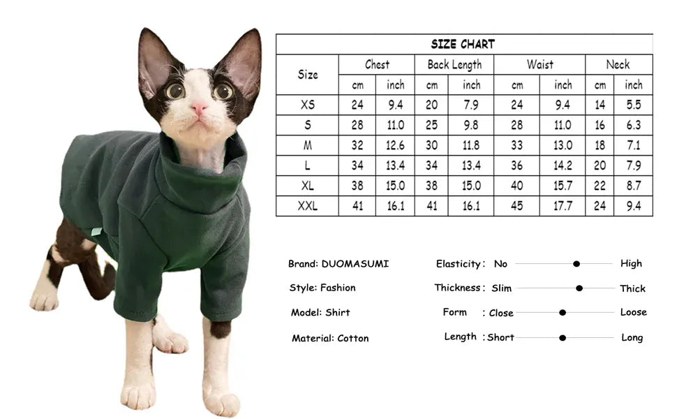 Sphynx Cat Clothes - Soft Cotton Fall & Winter Outfit | Hairless Cat Clothing for Cornish & Devon Cats | Cozy Kitten Costume for Small Dogs