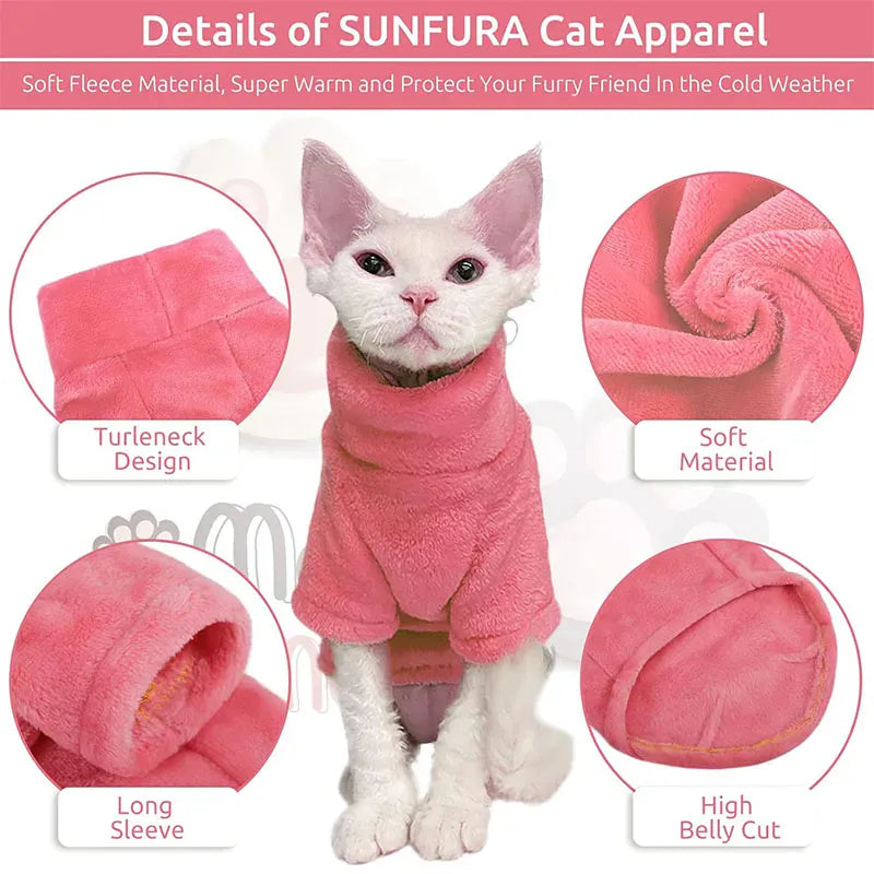 Sphynx Cat Turtleneck Sweater - Soft Fleece Winter Coat for Hairless Cats