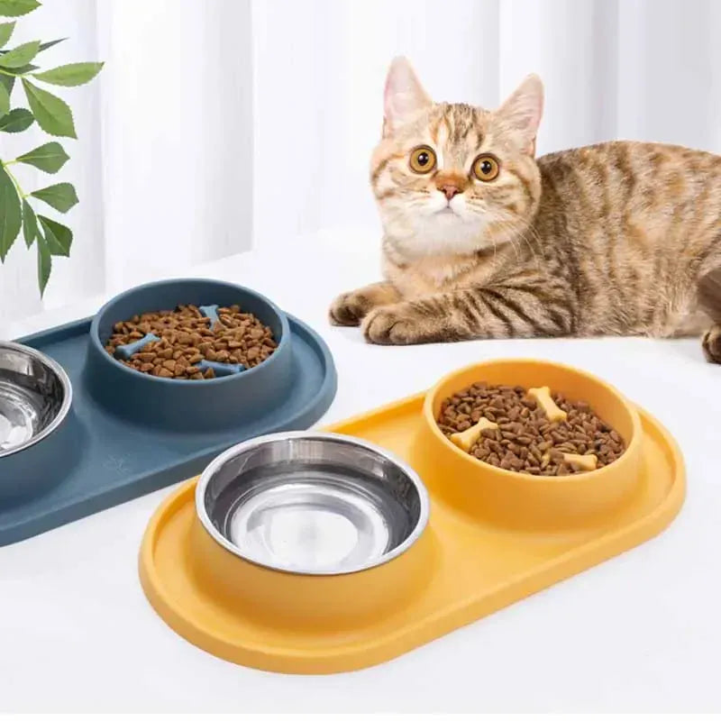 Stainless Steel Double Dog Bowl with Non-Slip Mat - Anti-Choking Slow Feeder