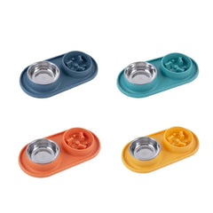 Stainless Steel Double Dog Bowl with Non-Slip Mat - Anti-Choking Slow Feeder