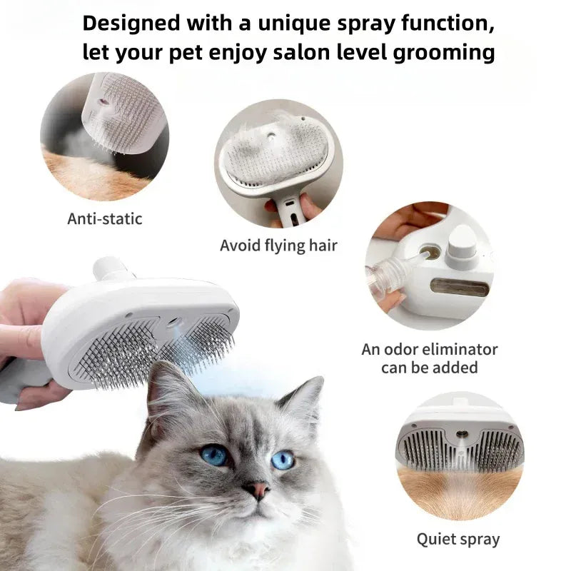 Steam Grooming Comb for Pets – Mist Spray Brush to Remove Tangles & Floating Hair for Dogs & Cats