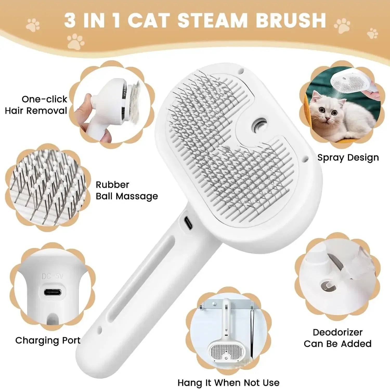 Steam Grooming Comb for Pets – Mist Spray Brush to Remove Tangles & Floating Hair for Dogs & Cats
