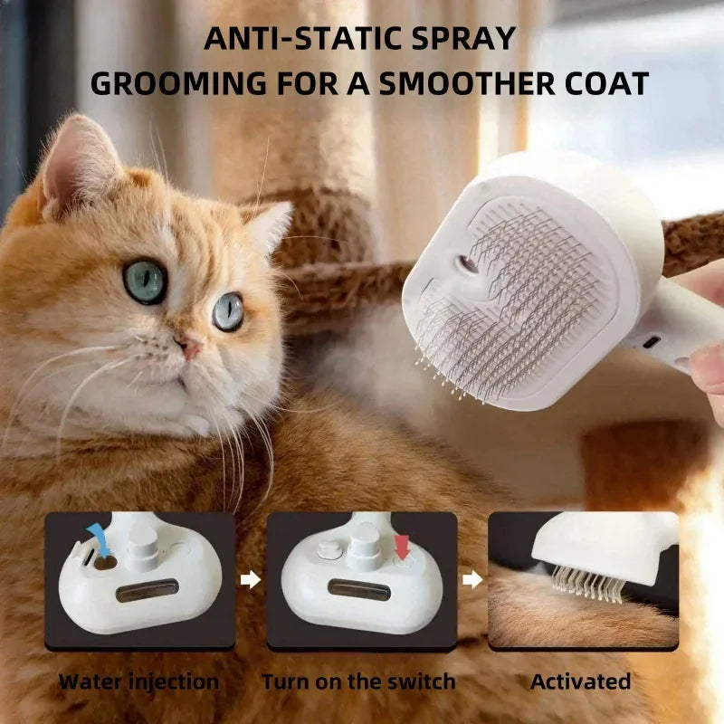 Steam Grooming Comb for Pets – Mist Spray Brush to Remove Tangles & Floating Hair for Dogs & Cats