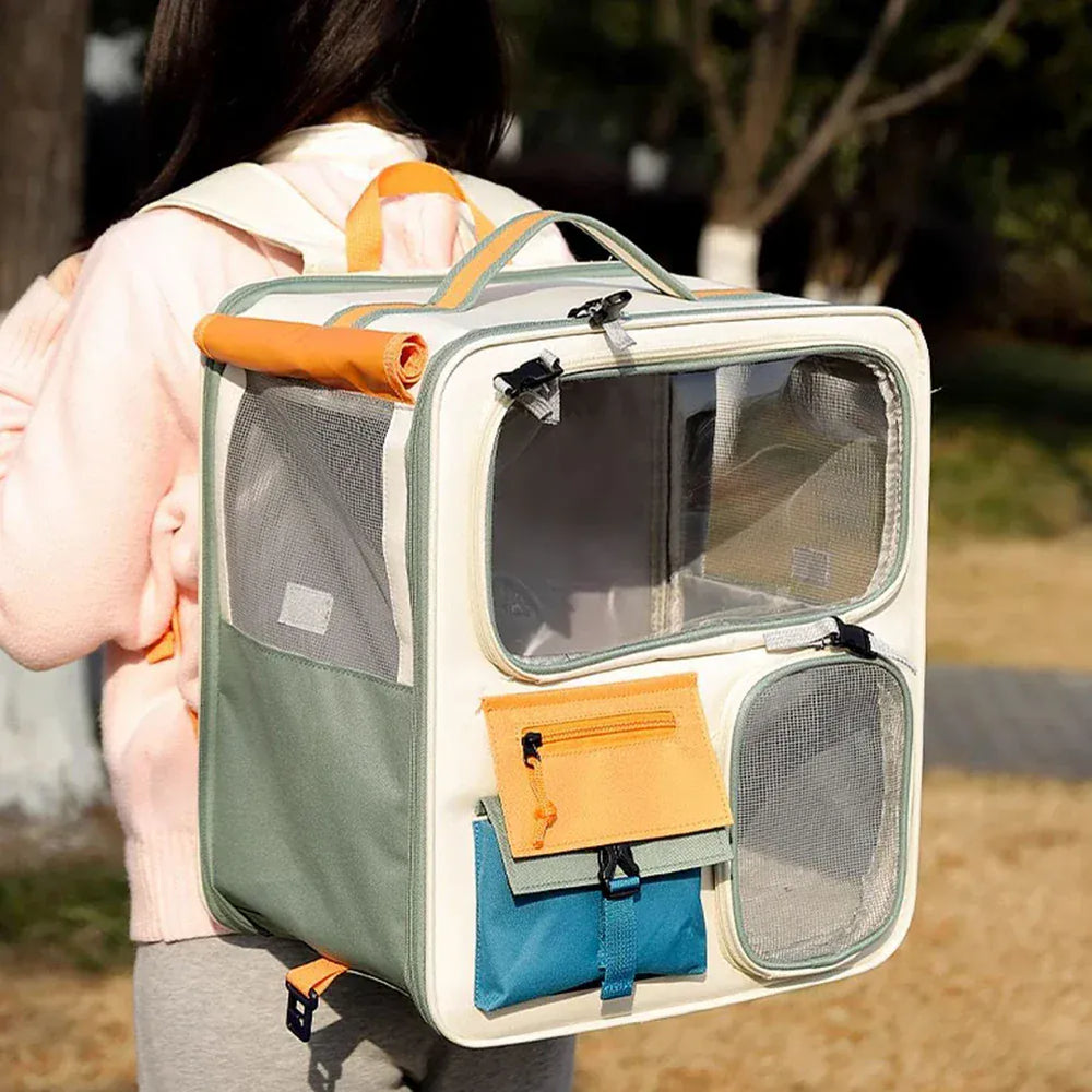 Transparent Window Pet Backpack - Large Capacity Dog & Cat Travel Carrier with Ventilated Mesh, Foldable Design for Car Camping & Hiking