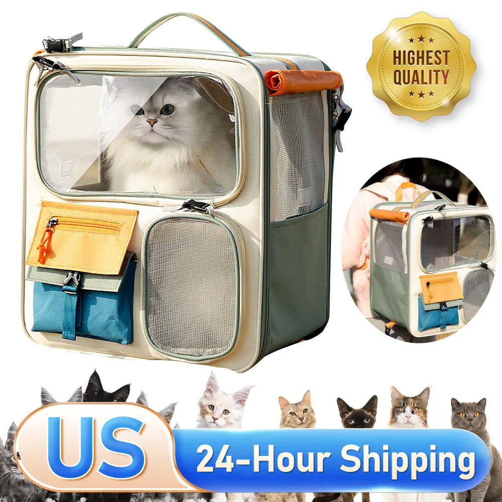 Transparent Window Pet Backpack - Large Capacity Dog & Cat Travel Carrier with Ventilated Mesh, Foldable Design for Car Camping & Hiking