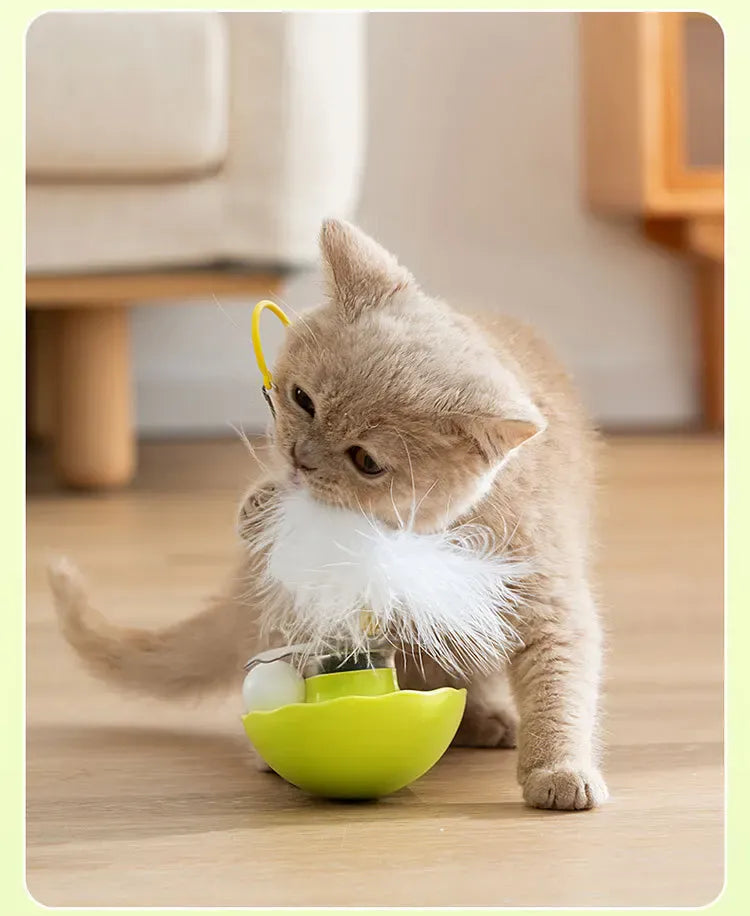 Tumbler Cat Toy - 360° Non-Tip Interactive Feather Teaser with Catnip