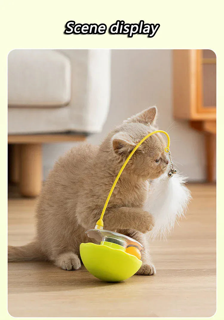 Tumbler Cat Toy - 360° Non-Tip Interactive Feather Teaser with Catnip