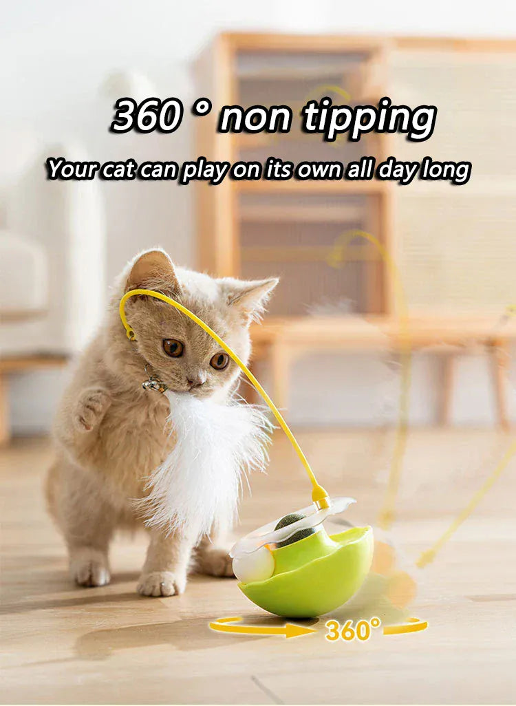Tumbler Cat Toy - 360° Non-Tip Interactive Feather Teaser with Catnip