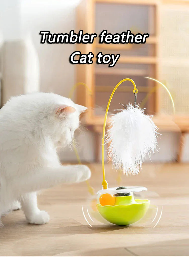 Tumbler Cat Toy - 360° Non-Tip Interactive Feather Teaser with Catnip