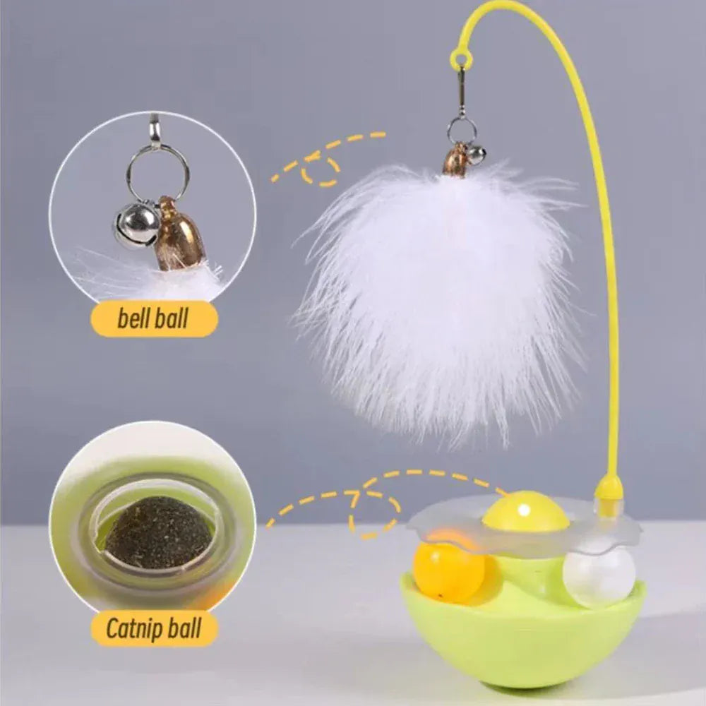 Tumbler Cat Toy - 360° Non-Tip Interactive Feather Teaser with Catnip