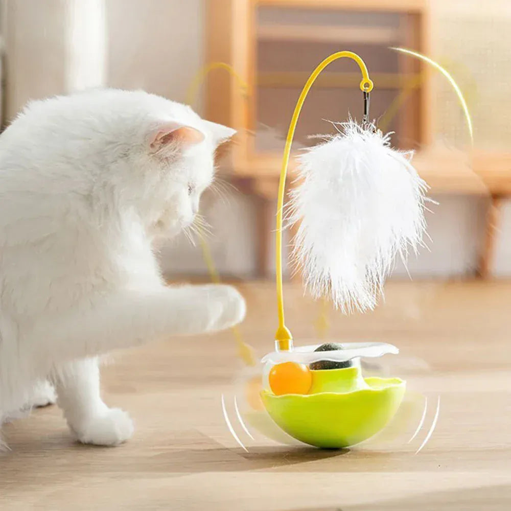 Tumbler Cat Toy - 360° Non-Tip Interactive Feather Teaser with Catnip