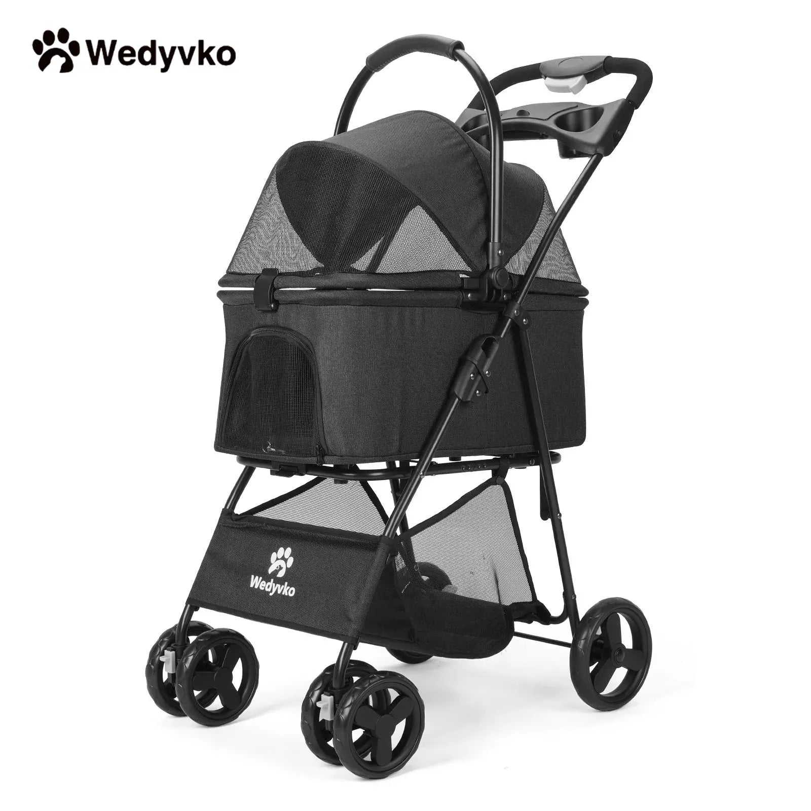 Wedyvko Luxury Pet Stroller - Detachable 4-Wheel Dog Stroller with Cup Holder, One-Click Folding Design & Travel Carrying Bag