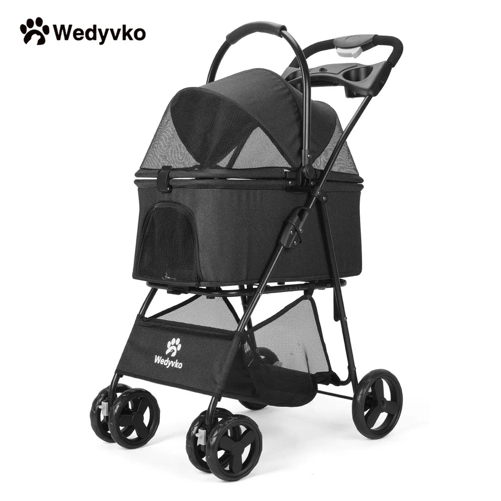 Wedyvko Luxury Pet Stroller - Detachable 4-Wheel Dog Stroller with Cup Holder, One-Click Folding Design & Travel Carrying Bag