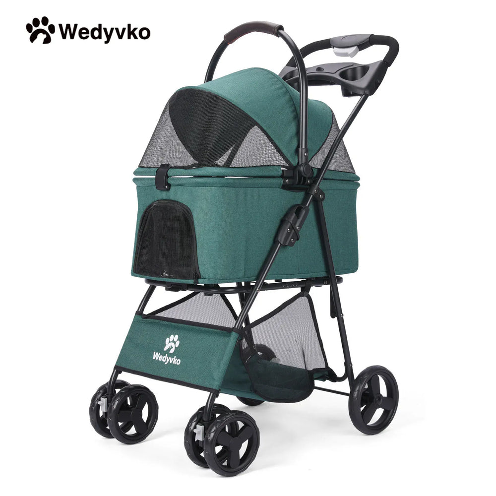 Wedyvko Luxury Pet Stroller - Detachable 4-Wheel Dog Stroller with Cup Holder, One-Click Folding Design & Travel Carrying Bag