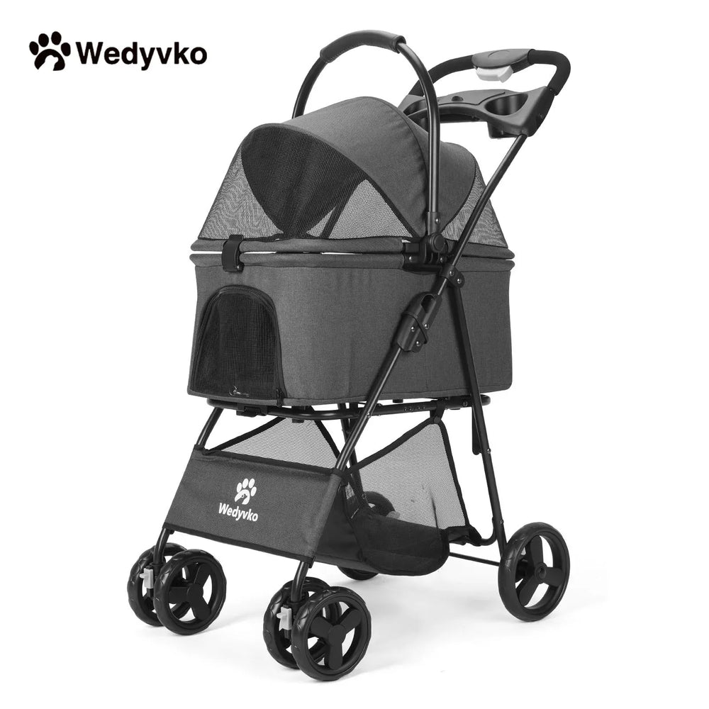 Wedyvko Luxury Pet Stroller - Detachable 4-Wheel Dog Stroller with Cup Holder, One-Click Folding Design & Travel Carrying Bag