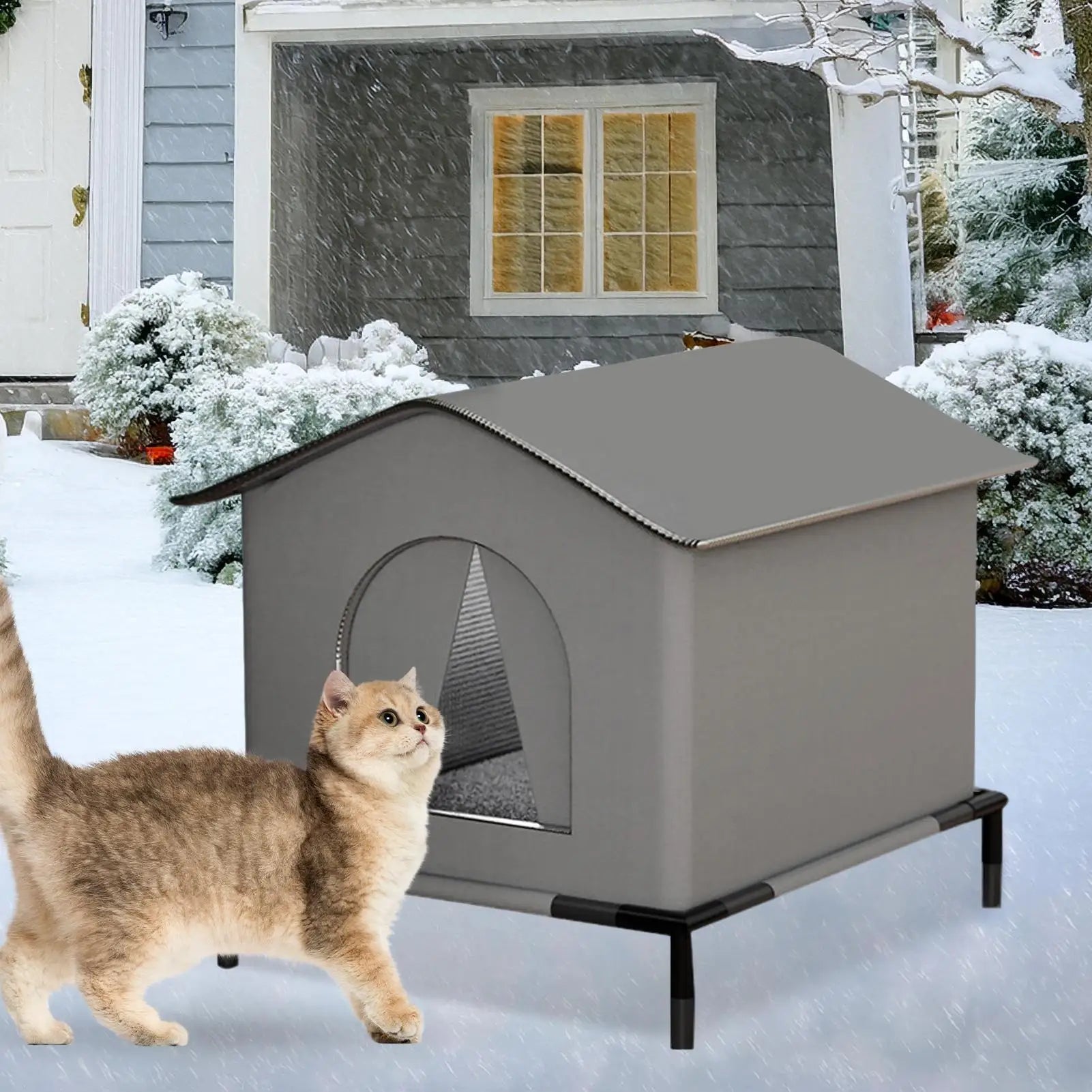 Winter Waterproof Outdoor Cat & Dog House – Insulated Foldable Pet Cave with Warming Mat