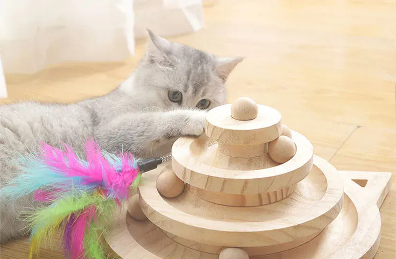 Wooden Cat Activity Tower – 3 Level Turntable Toy with Ball Tracks & Interactive Disc