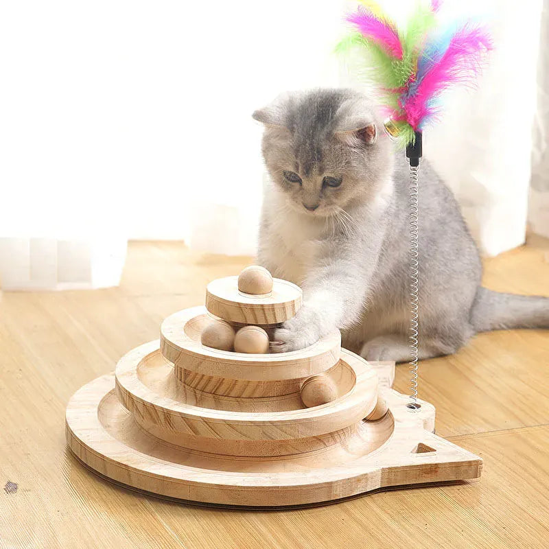 Wooden Cat Activity Tower – 3 Level Turntable Toy with Ball Tracks & Interactive Disc
