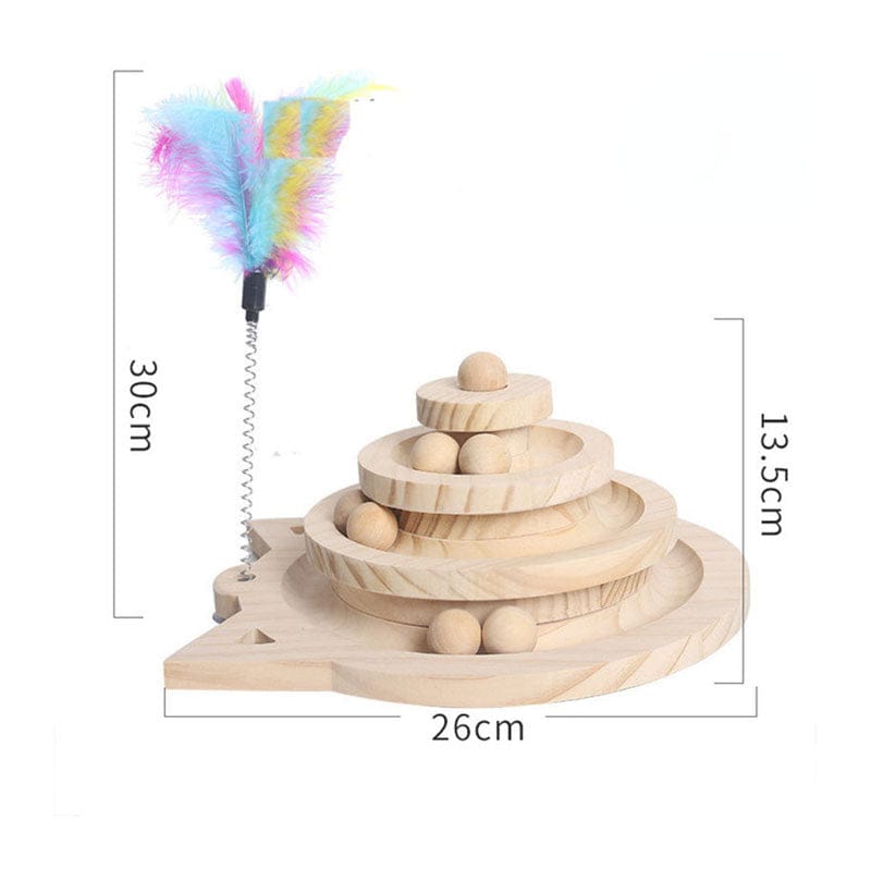 Wooden Cat Activity Tower – 3 Level Turntable Toy with Ball Tracks & Interactive Disc